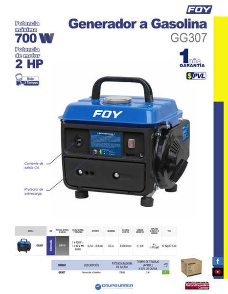 Generador a gasolina 120 V, 63 cc, 600W, capacidad 4L Foy GG307