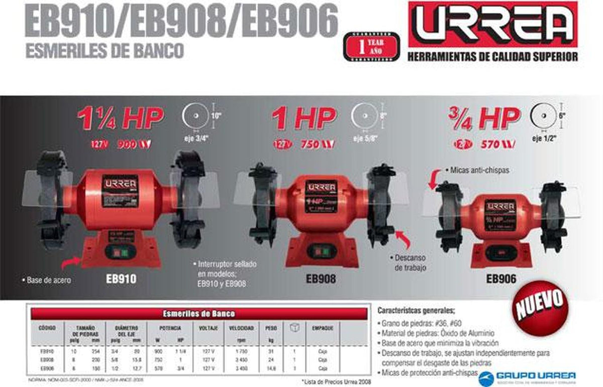 Esmeril banco 10 900w 1.1/4 hp eb910 urrea - Tool Ferreterías / Ferretodo  - Herramientas y material de construcción.