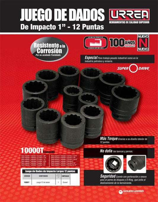 Juego de 12 dados de impacto largos en pulgadas 1" Urrea 10000T