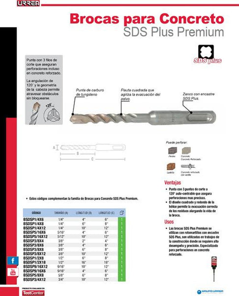 Urrea Herramientas BSDSP9/16X12 Broca Sds Plus Premium de 9/8"X 6"X 8" BSDSP9/16X12
