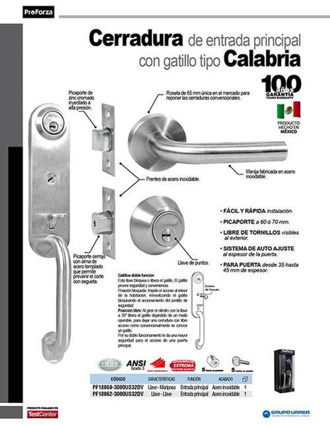 Cerradura ent. Ppal. gatillo Calabria llave llave Proforza PF18062-3000US32DV