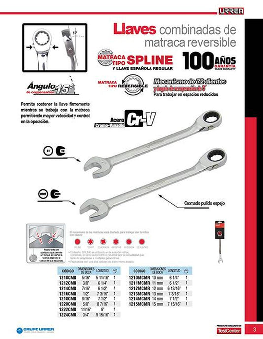 Llave combinada de matraca spline reversible 10mm Urrea 1210MCMR