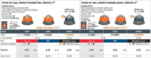 Carda de copa, alambre trenzado fino, 3', Multi rosca 100851