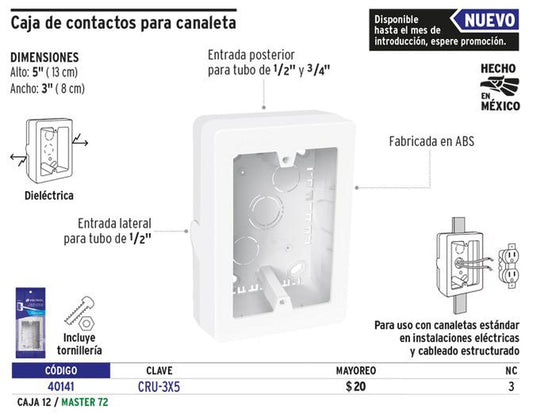 Caja de contactos para canaleta 3' x 5', blanca, Volteck 40141