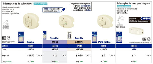 Interruptor de paso para lámpara, 127 V, 3 A Volteck 48003