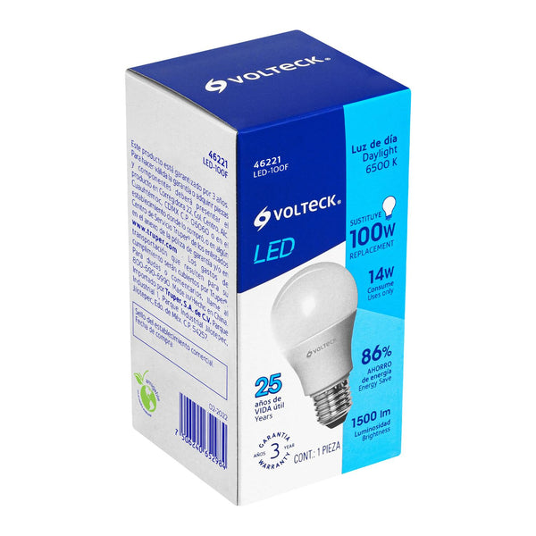 Lámpara LED tipo bulbo A19 14 W luz de día, caja, Volteck 46221