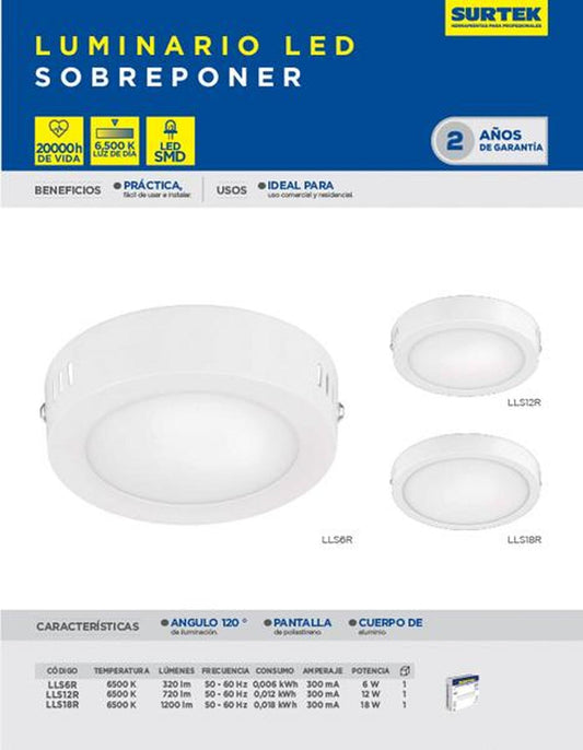 Luminario LED de sobreponer redondo 12 W Surtek LLS12R