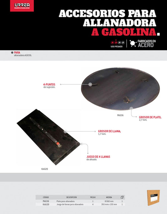 Plato para allanadoras a gasolina AG836 y AG736 de 960 mm fabricado en acero Urrea PAG36