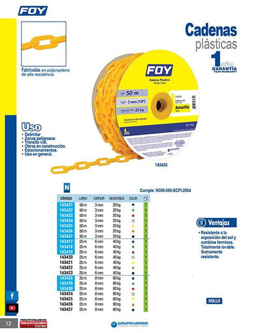 Cadena plast 3mm 1/8" 50m ngro Foy 143437