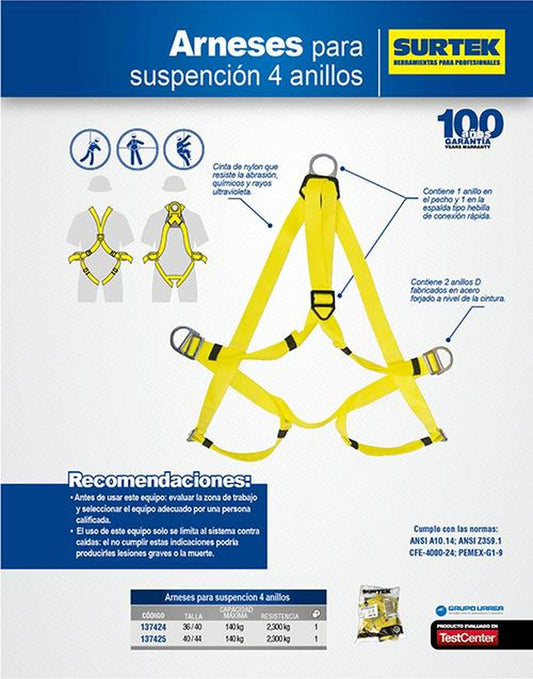 Arnés de suspensión con cinturón talla 40-44 Surtek 137425