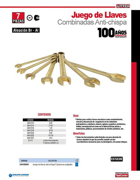 Llave combinadas antichispa 12 puntas 3/8" Urrea UH1212