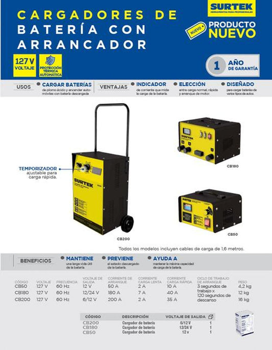 Cargador batería de 50 A con 127 V y frec 60 Hz Surtek CB50