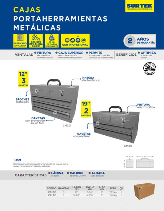 Caja portaherramientas metálica color gris con 2 gavetas 18" x 9" x 11", Surtek CM2G