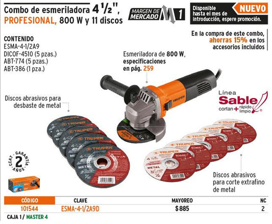 Esmeriladora 4-1/2' 850W c/5 discos de corte y 5 desbaste Truper 101544