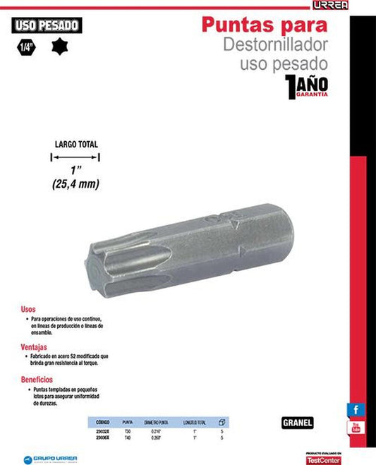 Punta Torx® T30 x 1" uso pesado Urrea 23032X