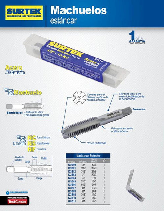 Machuelo de acero al carbón 5/8" - 11NC Surtek 123811