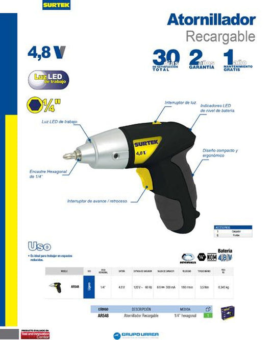 Atornillador recargable de 4,8 V Surtek AR548