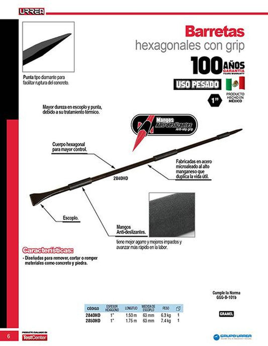 Barreta hexagonal con grip de 1" x 1.75 m Urrea 2850HD