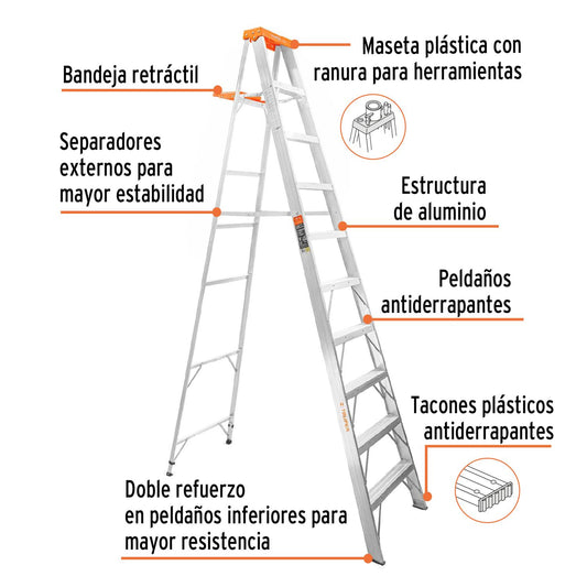 Escalera de tijera tipo II 9 peldaños y bandeja, Truper 10436