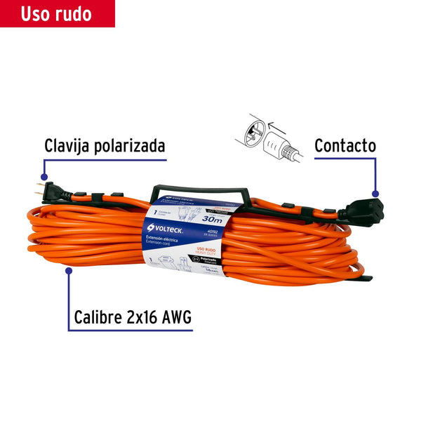 Extensión eléctrica uso rudo 30 m 2x16 AWG para 1 clavija, Volteck 40192