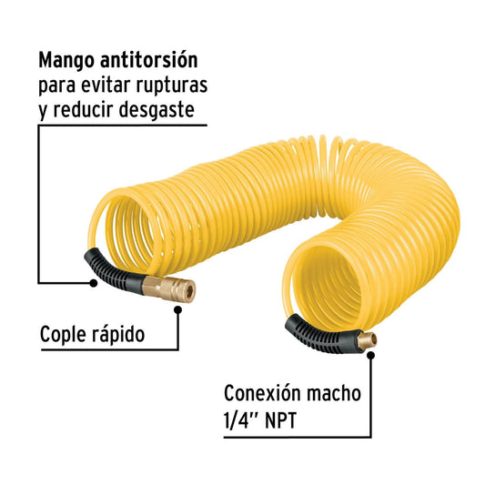 Manguera tipo resorte para compresor, 7.6 m x 1/4', Pretul 20659