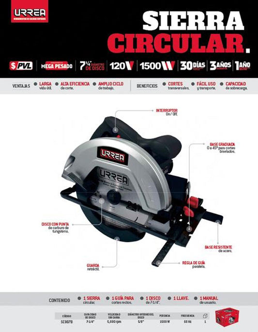 Sierra circular 120 V con fecuencia de 60 Hz Urrea SC907B