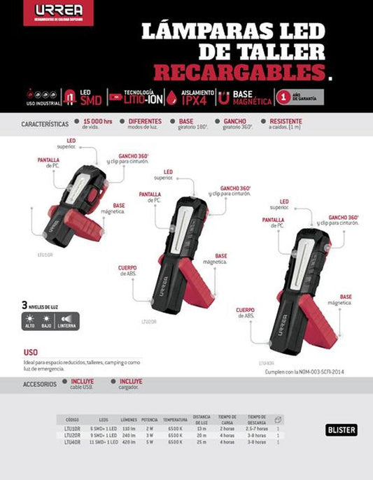 Lámpara de taller recargable 110lm, grado IPX4 Urrea LTU10R