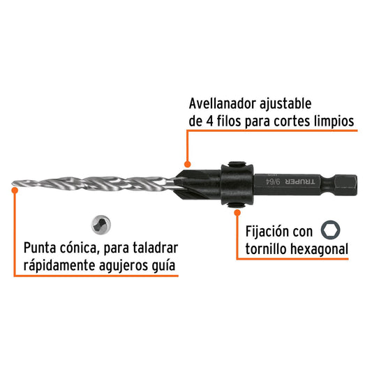 Broca avellanadora #10 para madera, 3/16', Truper 102377