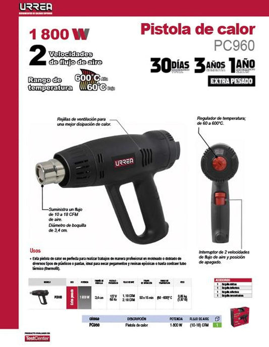 Pistola de calor de 127 V, frecuencia 60 Hz, con potencia de 1800 W, alcanza una temperatura de 600