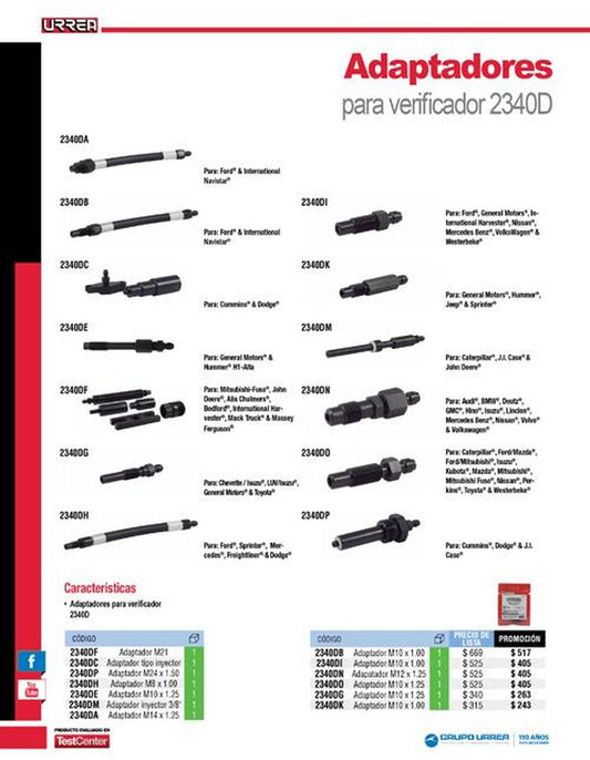 Adaptador de verificador de compresión motores diésel Urrea 2340DM