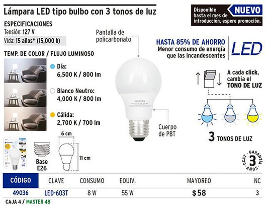 Lámpara de LED bulbo con 3 niveles de temperatura Volteck 49036