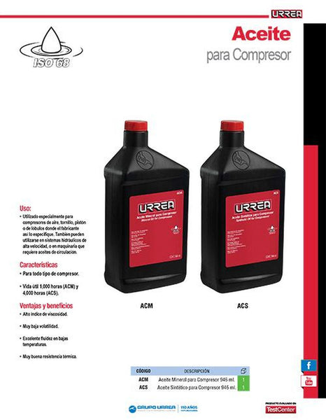 Aceite sintético para compresor 946ml Urrea ACS