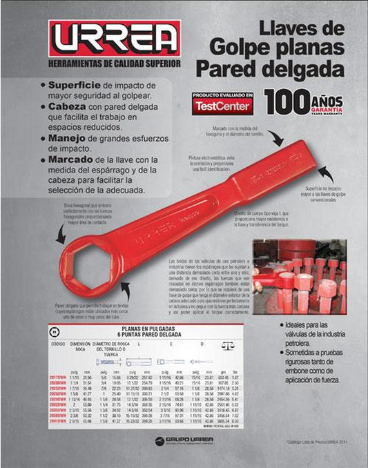 Llave golpe plana 6 puntas pared delgada 2-3/8" Urrea 2838SWH