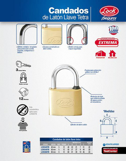 Candado para cortina de latón llave tetra 40mm Lock L20S40TB