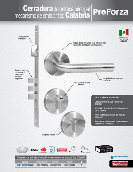 Mecanismo de embutir A.Inox para cerradura Calabria Proforza CPF1-5360-US32D