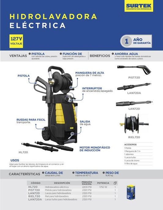 Hidro lavadora eléctrica con presión máxima de 2200 psi, potencia de 1750 W, caudal de salida de 6 L