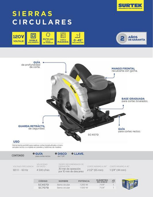 Sierra circular 7-1/4", eje de disco 5/8", potencia de 1500 W, consumo eléctrico de 1.05 kWh, voltaj