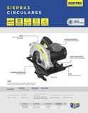 Sierra circular 7-1/4", eje de disco 5/8", potencia de 1500 W, consumo eléctrico de 1.05 kWh, voltaj