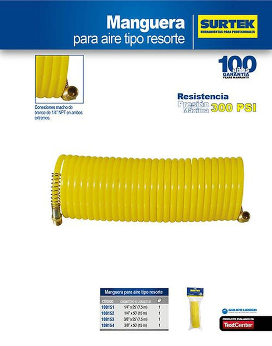 Manguera para aire de resorte 1/4" x 7.5m Surtek 108151