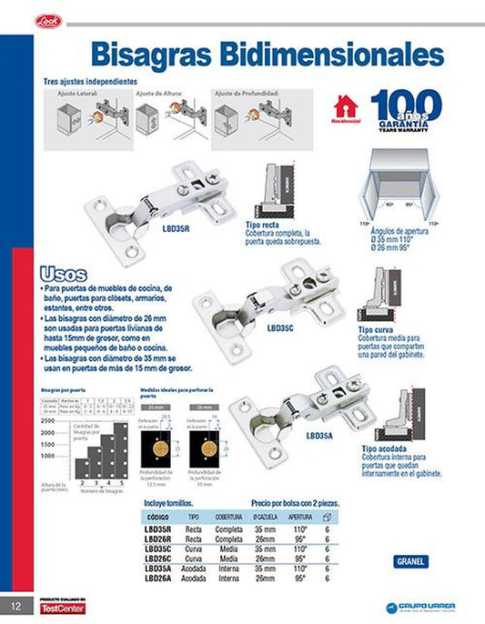 Bisagra bidimensional recta 35mm Lock LBD35R