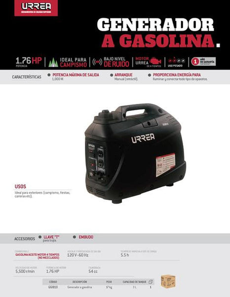 Generador a gasolina 3L, 1000 W, 120 V, 60 Hz Urrea GGI810