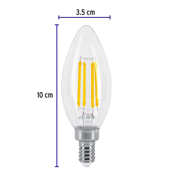 Lámpara LED tipo vela 4 W con filamento base E12 luz cálida, Volteck 48253