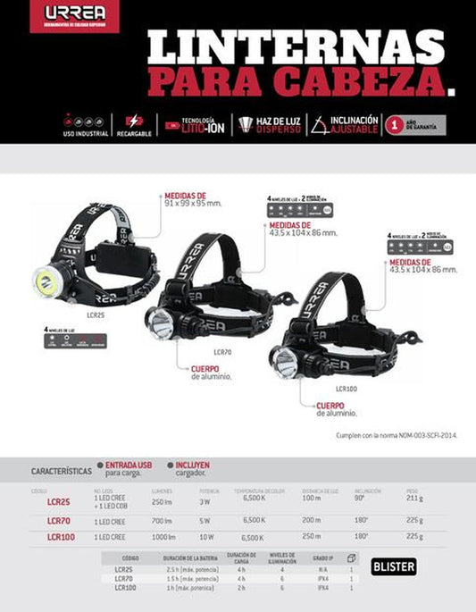 Linternas para cabeza recargables 250lm Urrea Urrea LCR25