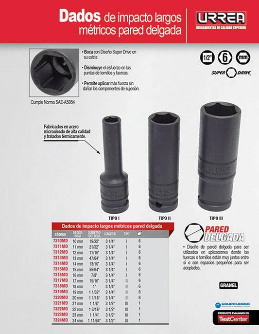 Dado de impacto 1/2" pared delgada 6 puntas 15 mm Urrea 7315MD
