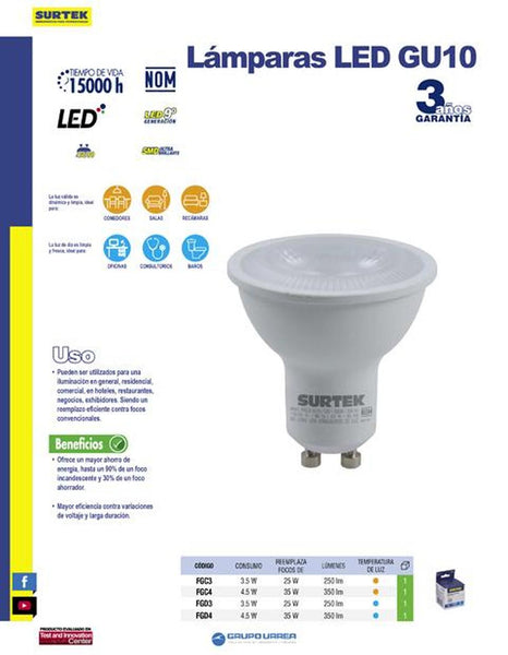Foco LED GU10 4.5W luz cálida base tipo GU10 Surtek FGC4