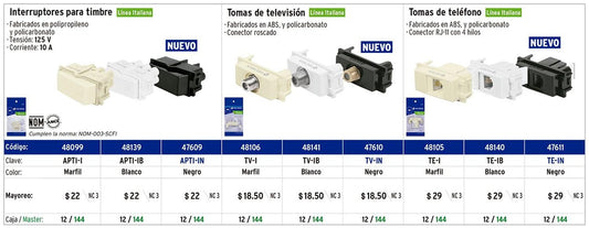 Toma de televisión, línea Italiana, color negro Volteck 47610