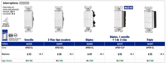 Interruptor dúplex, 1 sencillo y 1 de 3 vías, línea Classic 46337