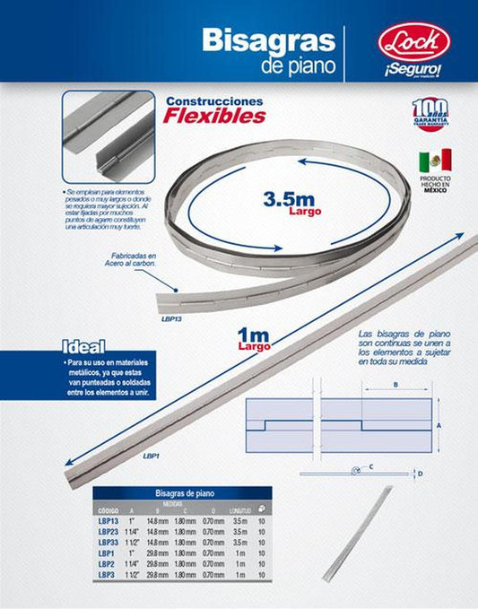 Bisagra de piano de 1 1/2" x 1 m Lock LBP3