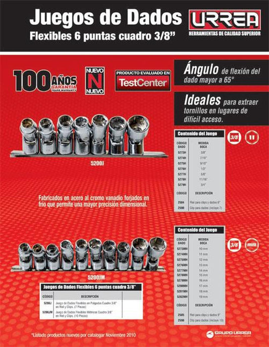 Juego de 7 dados flexibles en pulgadas 3/8" riel Urrea 5200J