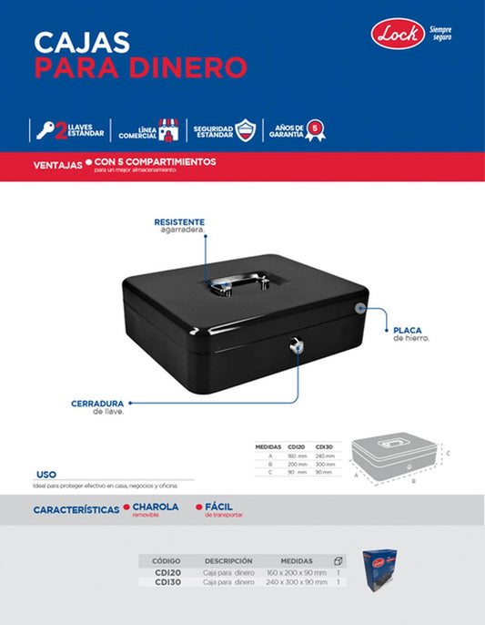 Caja metálica para dinero con charola 160x200mm Lock CDI20